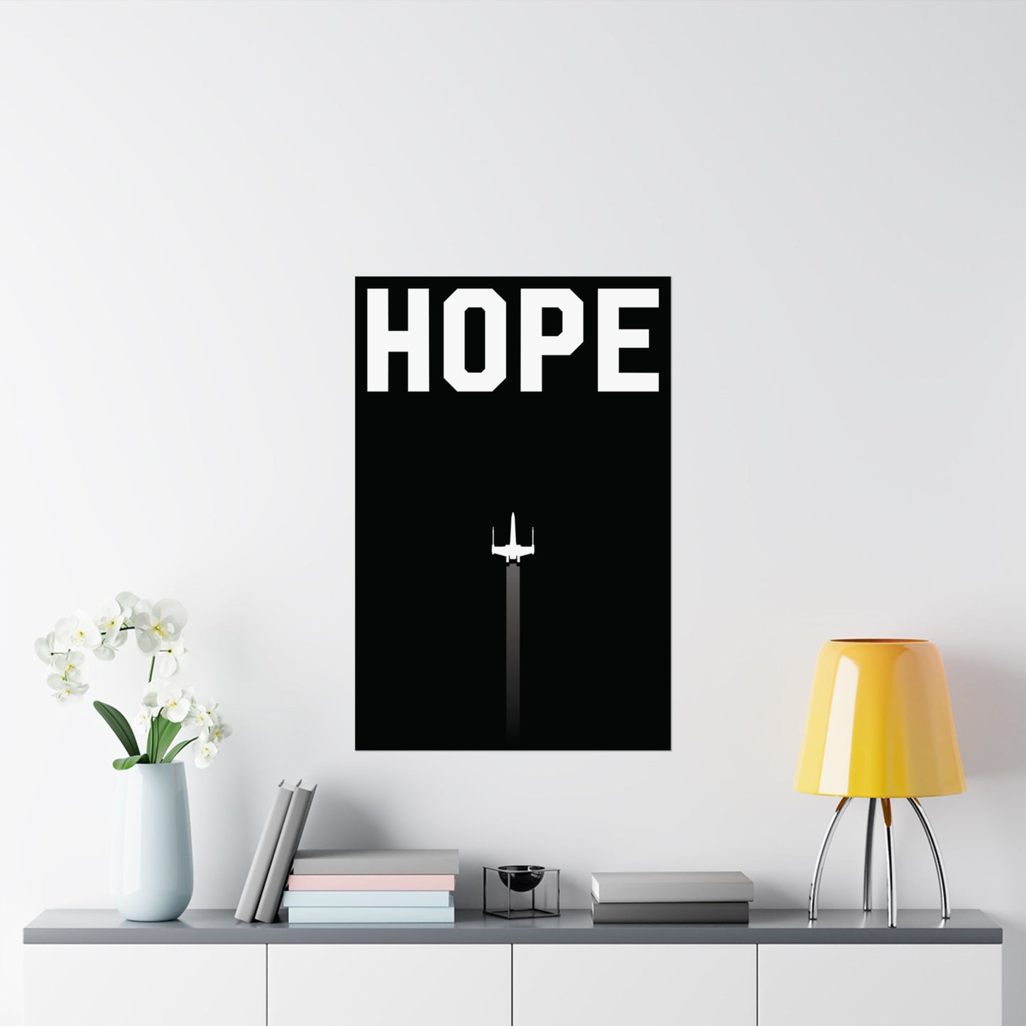 Wall Poster Propaganda - Hope showing a minimalist starfighter ascending with bold uppercase text HOPE in stark black and white design