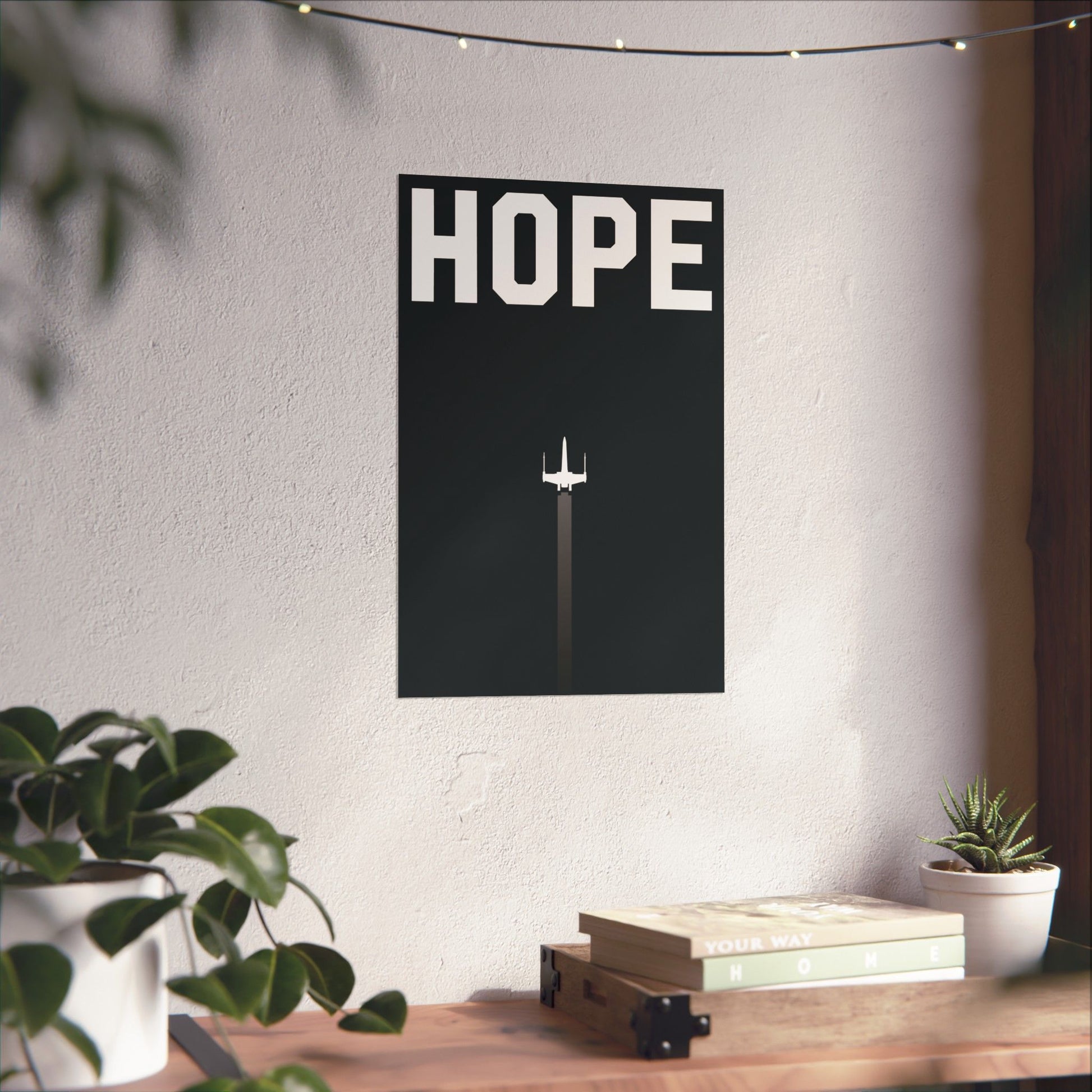 Wall Poster Propaganda - Hope showing a minimalist starfighter ascending with bold HOPE text on a dark background
