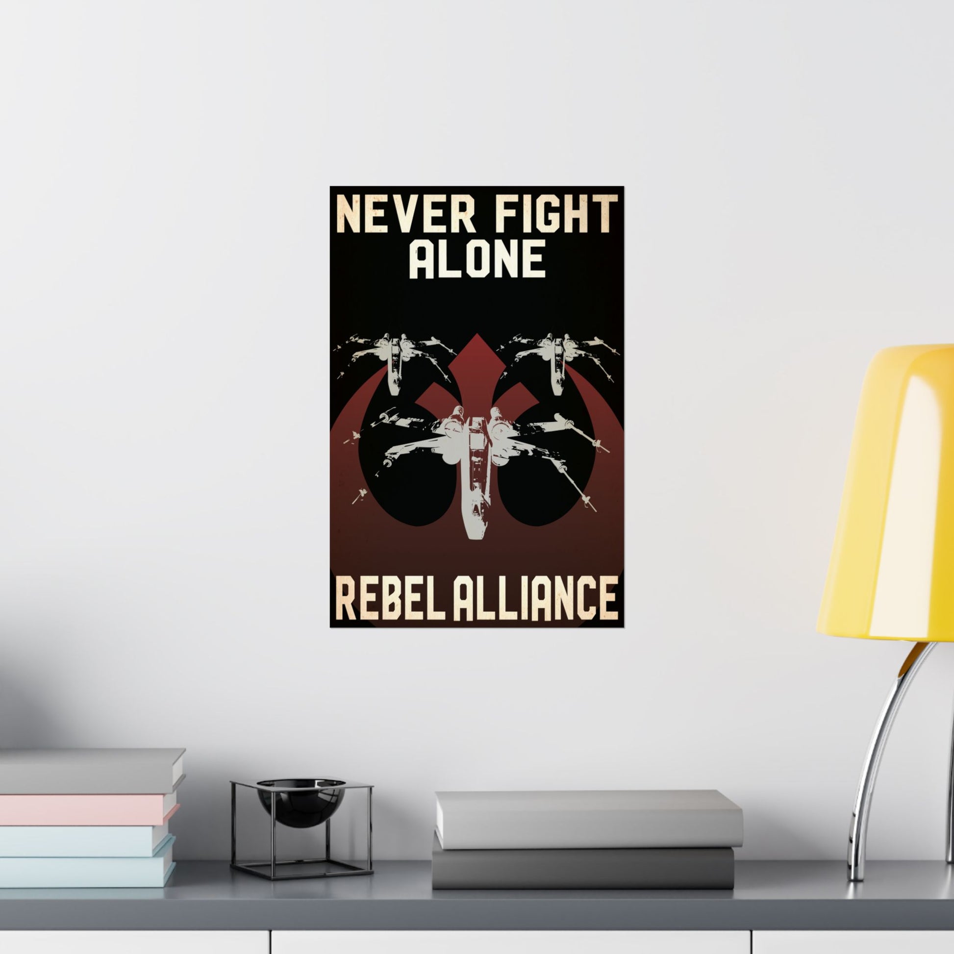 Wall Poster Propaganda – Never Fight Alone with vintage starships flying over the Rebel Alliance symbol in muted colors