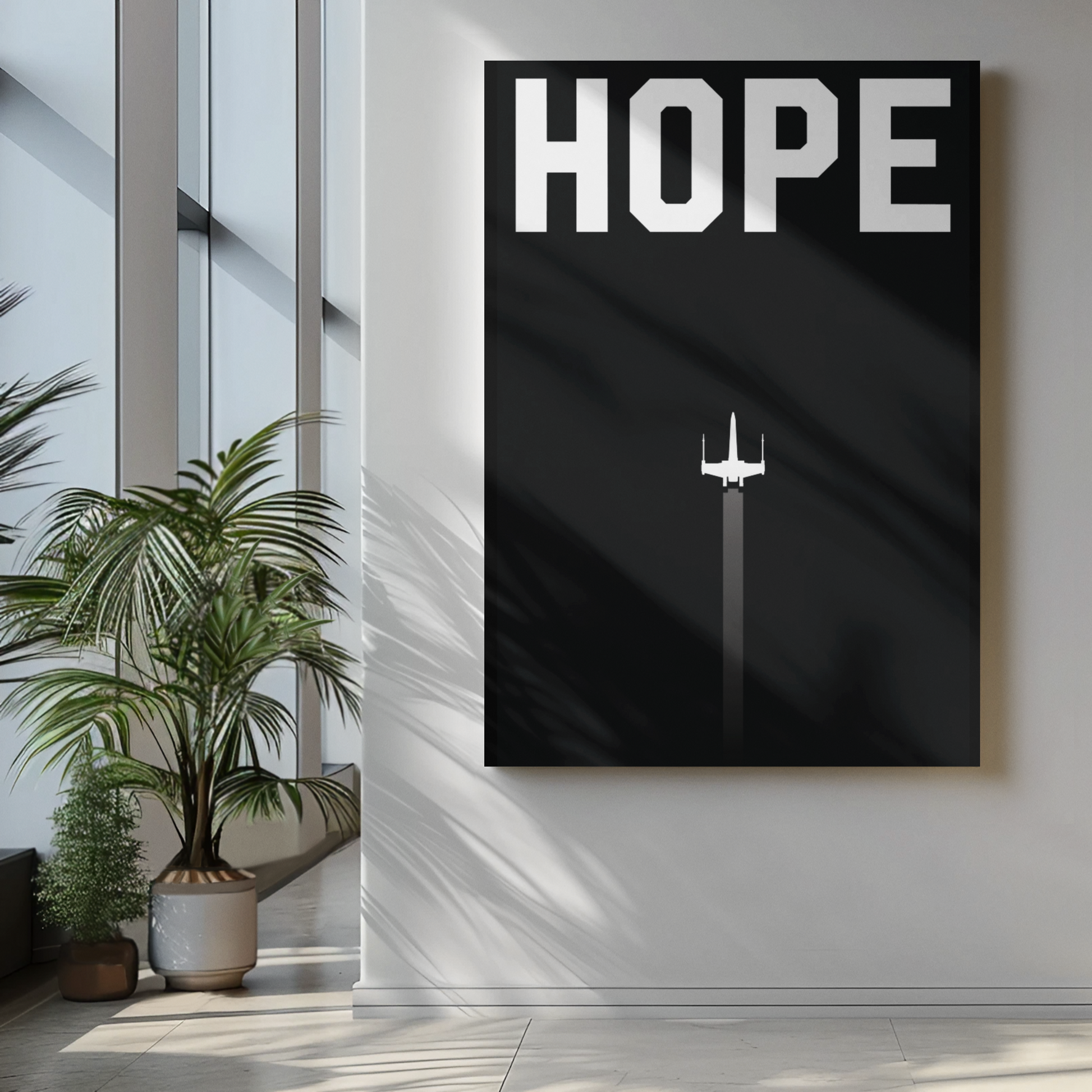 Wall Poster Propaganda - Hope showing a minimalist spaceship silhouette with bold uppercase text HOPE in a modern space setting