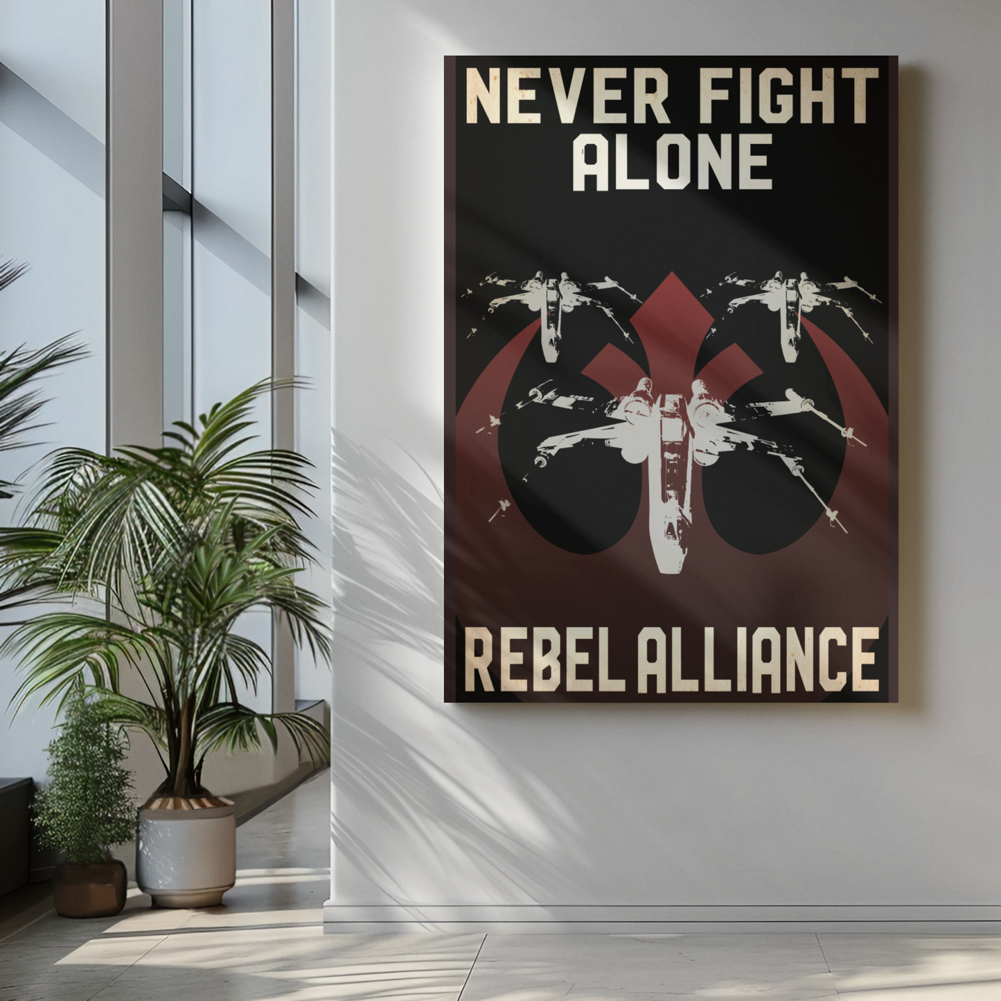 Wall Poster Propaganda – Never Fight Alone featuring vintage Rebel Alliance starships with bold uppercase text in muted tones