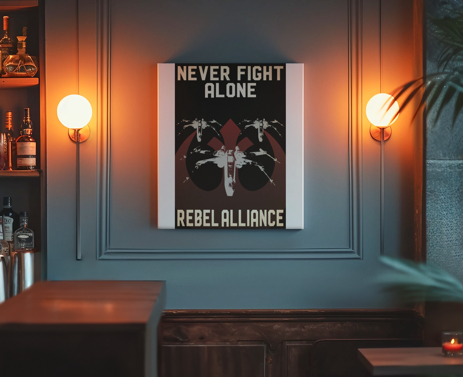 Wall Poster Propaganda – Never Fight Alone showcasing a vintage Rebel Alliance symbol with starships in bold muted colors